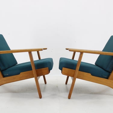 1960s Hans J. Wegner Pair of GE 290 Armchairs in Oak for Getama,Denmark / Mid-century / Blue Colour / Vintage Armchair / 