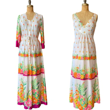 1970s loungewear, nightgown and robe, floral print nylon, palm royale, medium, peignoir set, bell sleeves, sears, mod 2 piece set 