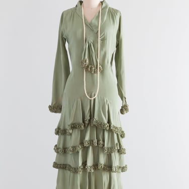 Darling 1920's Green Silk Flapper Day Dress With Ruffles / Small