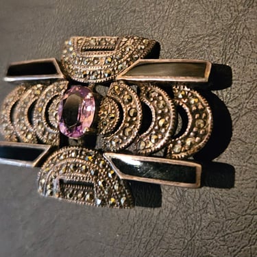 Art Deco style sterling onyx marcasite amethyst brooch 