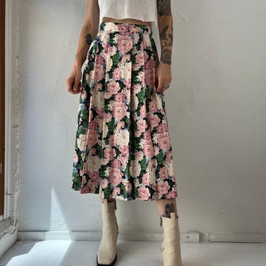 90s 'JH Collectibles' Pink Green and Blue Floral Pleated Maxi Skirt / Small 