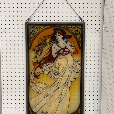 Free shipping within continental US - Early 20th Century Antique Art Nouveau Style Stained Glass Hanging Panel by Alfons Mucha Signed 