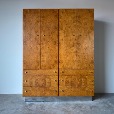 1970s Mid-Century Milo Baughman for Thayer Coggin Burlwood and Chrome Armoire Wardrobe 