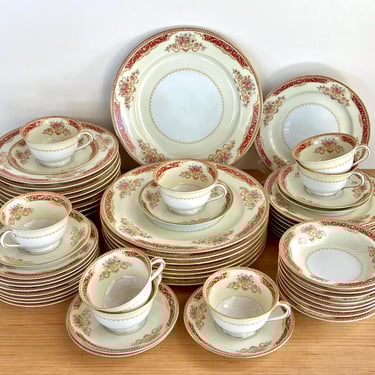 Noritake China Mystery #36 Dinnerware - Floral Bouquets & Ornate Red Band Border. Made in Occupied Japan. 56 Pc Set - Eight Place Settings 