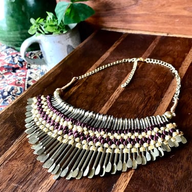 Tribal Style Bib Collar Necklace Brass Tone Woven Fabric Leather Fashion Jewelry 