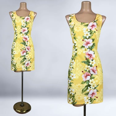 VINTAGE 80s 90s Yellow Floral Hawaiian Mini Sheath Dress Sz Large By TY | 1980s 1990s Tropical Hibiscus Tiki Dress | VFG 