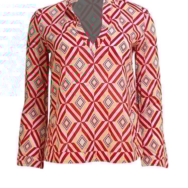 Tory Burch - Red, White, & Yellow Geometric Print Cotton Blouse Sz S