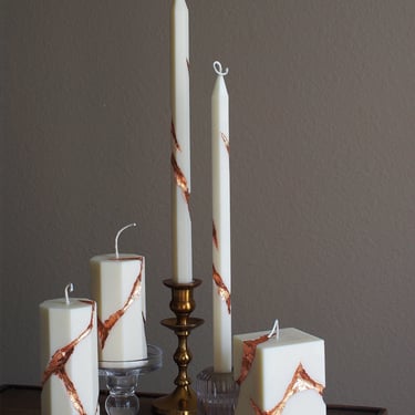 Rose Gold-rimmed Hand-carved Pillar Candle, Obelisk Taper Candle, Soy & Beeswax Candle, Wedding Candle, Home Decor, Handmade Gift 