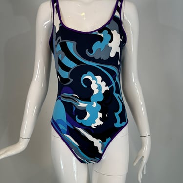 Emilio Pucci Purple Black White Blue & Grey 1 Piece Low Back High Cut Swim Suit