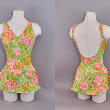 Vintage 60s Swimsuit 34 C One Piece Floral Skirted Bathing Suit / Perfection by Roxanne 