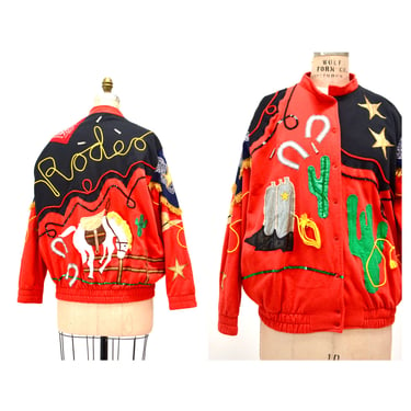 80s 90s Vintage Red Rodeo Jacket Sweatshirt with Horses Cowboys CowGirls Sequins Medium Large// Vintage Red Sequin Jacket Rodeo Western 