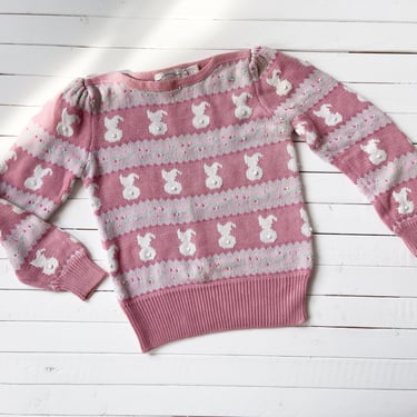 cute cottagecore sweater 80s 90s vintage Susan Bristol pink bunny rabbit easter sweater 