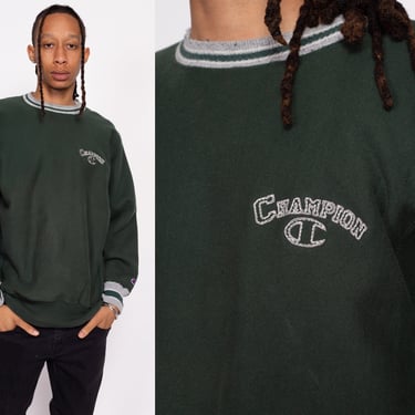 90s Champion Reverse Weave Striped Trim Sweatshirt - Men's Large | Vintage Army Green Embroidered Logo Crewneck Pullover 
