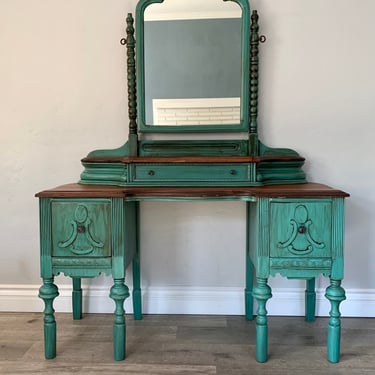 AVAILABLE  - Teal Antique Make-up Vanity with Mirror 