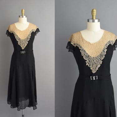 vintage 1920s dress | Antique Black Silk Chiffon Lace Flapper Dress | Large 