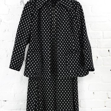 1960s Black & White Polka Dot Dress Set | 60s Black Polyester Dress Jacket | Medium 