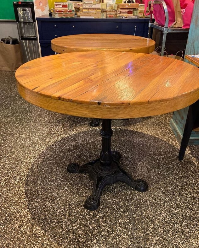 Chunky top cast iron heavy bae round bistro tables.  3 available 36” x 30”