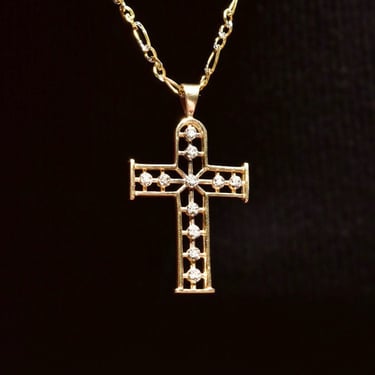 Vintage Italian 14K Gold Diamond-Chip Cross Pendant Necklace, Two-Tone Diamond Cut Figaro Chain, Dazzling Yellow Gold Cross Pendant, 22" L 