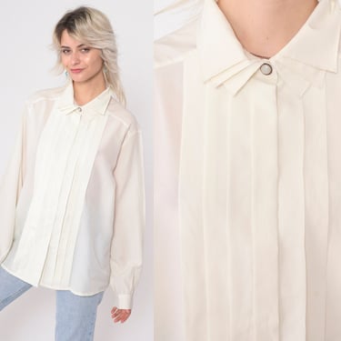 White Tuxedo Blouse 90s Pleated Top Formal Button Up Shirt Layered Collar Secretary Chic Vintage 1990s 20W Plus Size 20 W 