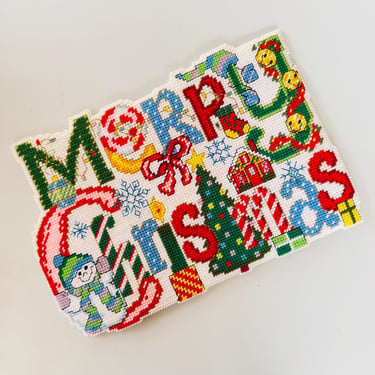 Vintage Merry Christmas Needlepoint Art wall / Wall Decor/ 70s 