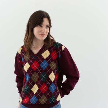 Vintage Burgundy Argyle Wool V Neck Sweater | Unisex Lord and Taylor Lambswool | S M | 