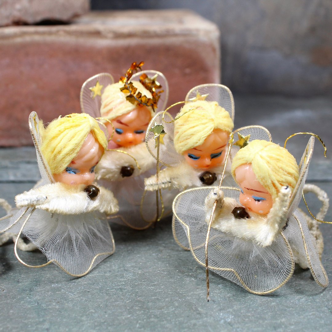 Vintage Set of good 6 Ceramic ANGEL GIRLS Japan 1940's Christmas Ornaments