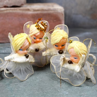 Christmas Angel Ornaments | Adorable Set of 4 Vintage Angel Ornaments  | Nylon Wire Angels | Made in Japan | Circa 1950s | Bixley Shop 