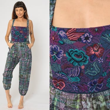 Guatemalan Patchwork Overalls Pants Floral Bird Tapestry One Piece Jumpsuit Ikat Romper Pants Boho Open Sides Festival Bohemian Medium Large 