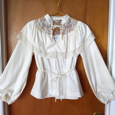 Lovely Vintage 70s Cream Peasant Blouse with Sheer Lace Neckline 