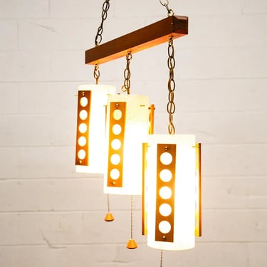 Mid Century Modern Hanging Lamp Set 3 Walnut Wood Pull Switch Vintage Swag Light