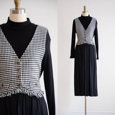 black knit dress 80s 90s vintage houndstooth vest dark academia long sleeve turtleneck midi dress 