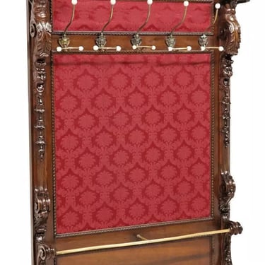 Antique Hall Tree, Renaiss Revival, Carved Walnut, Damas-Upholstered, Red, 1800s