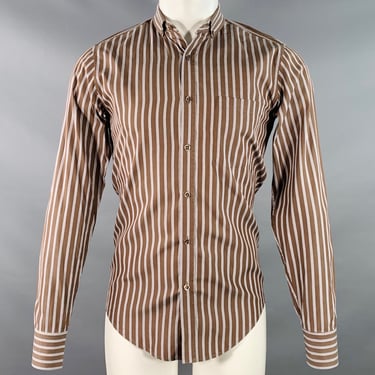 YVES SAINT LAURENT Size S Brown Navy White Stripe Button Down Collar Cotton Long Sleeve Shirt