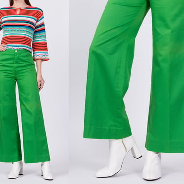 70s Kelly Green High Waisted Pants - Small, 26.5" | Vintage Boho Flared Leg Retro Trousers 