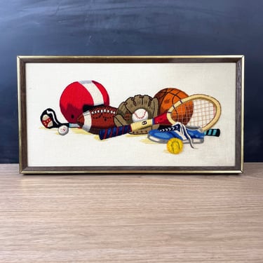 Sports gear framed crewel embroidery - 1970s vintage 