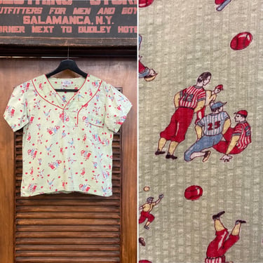 Vintage 1950’s Baseball Print Seersucker Cotton Top, 50’s Seersucker Shirt, 50’s Sports Print, 50’s Pullover, 50’s Shirt, Vintage Clothing 