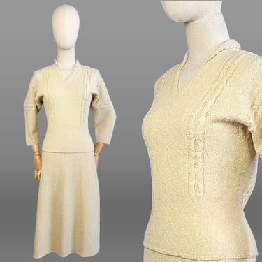 1950s Knit Set / 1950s Cream Bouclé Knit Skirt Set / Size Medium Large 