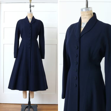 vintage 1950s navy blue princess coat • wool crepe nipped waist full skirt fifties dress coat 