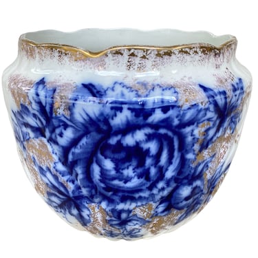 Antique English flow blue jardinière, transferware cachepot, Cobalt blue floral Victorian decor planter, Porcelain flower pot 