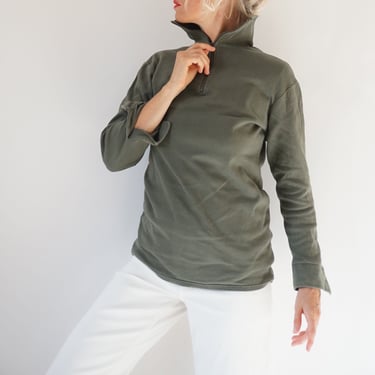 Vintage Olive Green Half Zip Thermal | Lightweight Long Sleeve Sweatshirt | Perfect Layer Top Made in France 