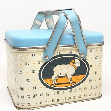 Vintage Bristol Ware Tin Lunch Pail with Sheep, Two Handles and Lid, Bucket 