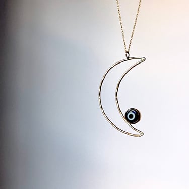 Handmade 14k Goldfilled Moon Pendant with Turkish Blue Glass Eye on Long 24" Goldfilled Chain 