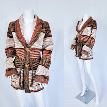 1970's Oversized Space Dye Brown Striped Belted Cardigan Wrap Sweater I Sz Lrg I Big Lebowski 