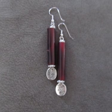 Long red hair pipe bone earrings, silver 