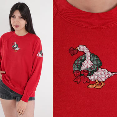 90s Christmas Sweatshirt Cat Goose Mouse Shirt Cross-Stitch Winter Holiday Xmas Graphic Shirt Red Raglan Sleeve Vintage 1990s Extra Large xl 