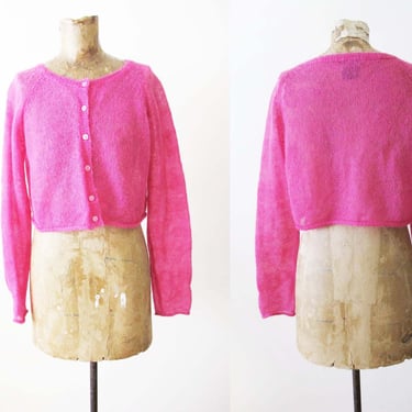 Vintage 2000s Bright Pink Mohair Blend Cardigan M - Y2K Magenta Neon Thin Knitted Cropped Button Up Sweater 