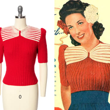 Vintage 1940s Style Repro Sweater Top | Hand-Knit 40s Pattern Ribbed Bow Red White Wool Blend Short Puff Sleeve Top (x-small/small) 
