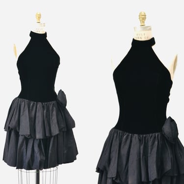 80s 90s Vintage Black Prom Dress Party Dress Velvet Halter Top Ruffle Dress Small Crinoline Skirt// 90s Vintage Prom Dress Black XS Small 