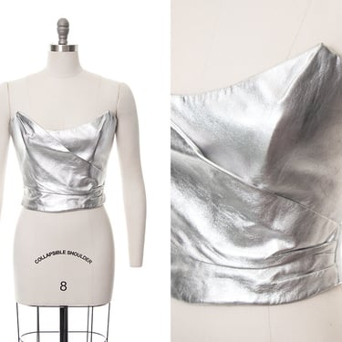 Vintage 1980s Top | 80s Faux Vegan Leather Metallic Silver Strapless Structural Leatherette Party Crop Top (small/medium) 