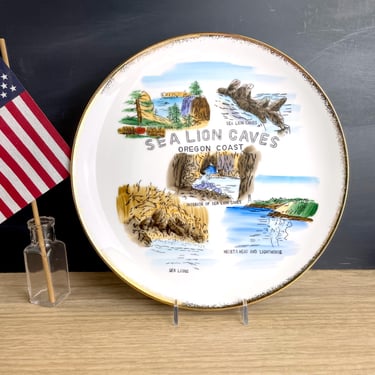 Sea Lion Caves Plate - 1950s vintage hand painted Oregon souvenir 